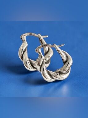 .925 Sterling Silver Twisted Hoop Earrings - Silver